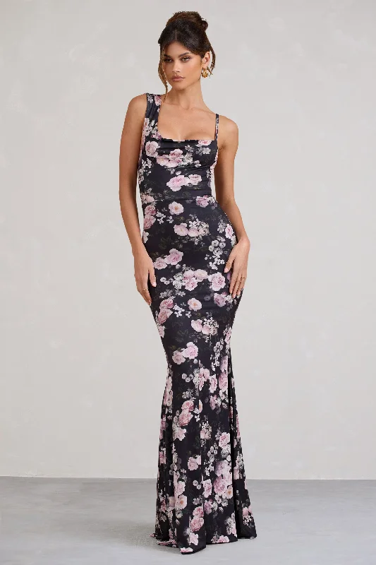 Phantasy | Black & Pink Floral Print Asymmetric Neckline Cowl Maxi Dress Fashionable Open-Back Maxi Dress