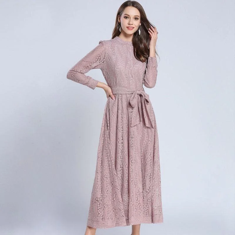 Pink A-line Vintage Belted  Lace Maxi Dress Comfortable Ruffle Maxi Dress
