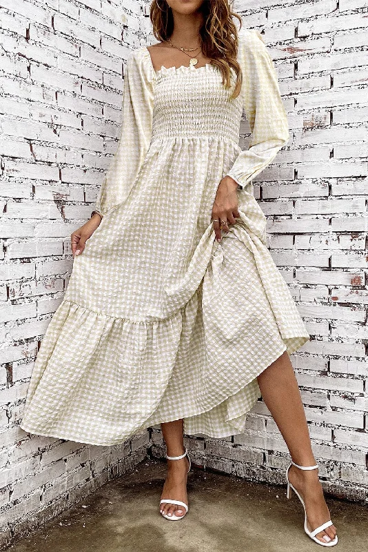 KaleaBoutique Plaid Ruffled Square Neck Smocked Tiered Maxi Dress Elegant Maxi Dress with Lace