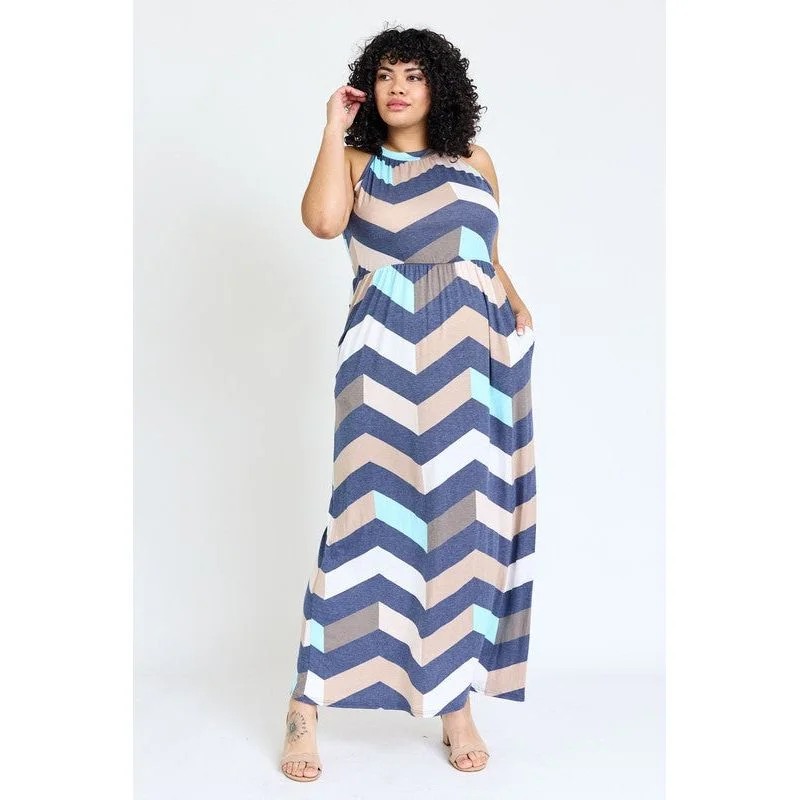 Plus Halter Neck Chevron Maxi Dress Cozy Maxi Dress with Slit