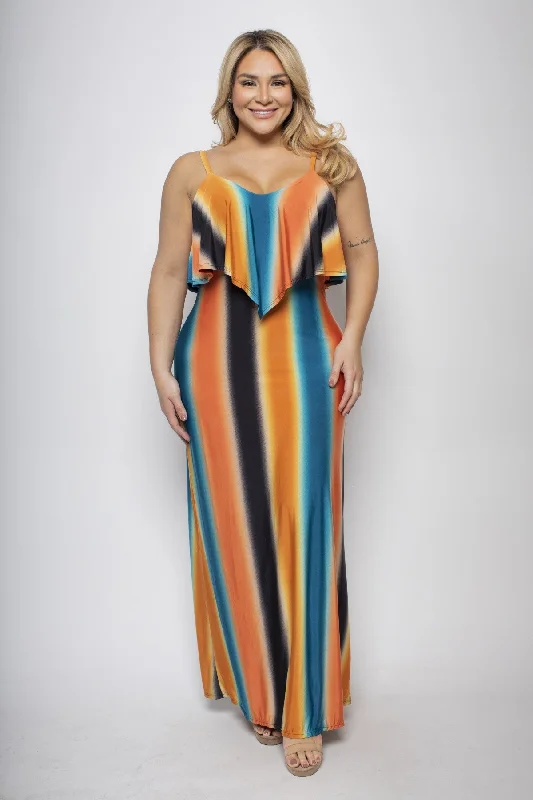 Plus Size Ombre Stripe Ruffle Maxi Dress Fashionable Halter Neck Maxi Dress