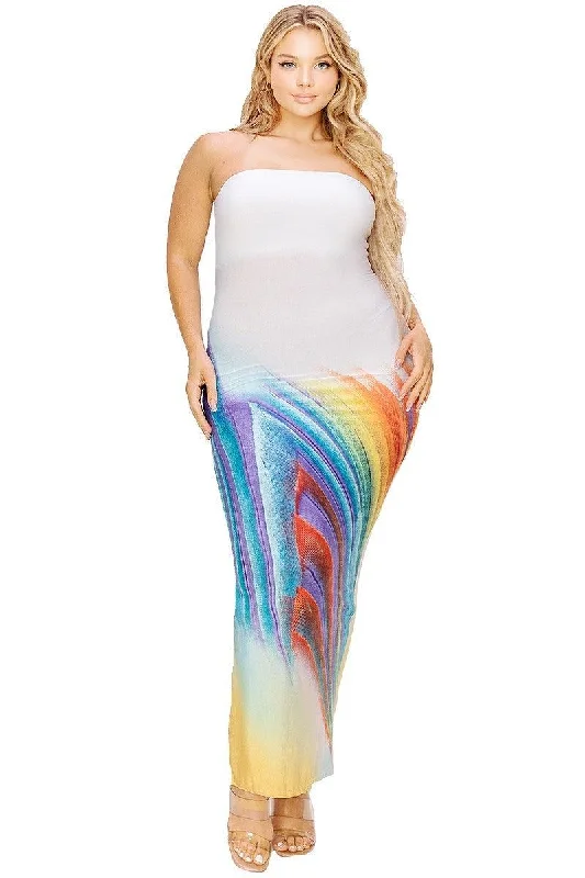 Plus Size Sleeveless White/Multi color Tube Top Maxi Dress Cozy Open-Back Maxi Dress