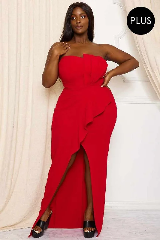 Plus Size Tube Top Pleated Red Maxi Dress Comfortable Ruffle Maxi Dress