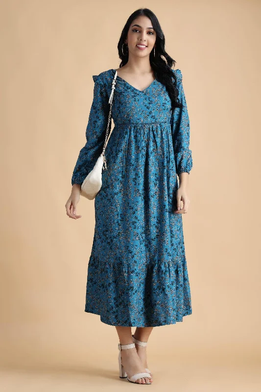 Prussian Blue Floral Printed Maxi Dress Comfortable Plunging Neckline Maxi Dress