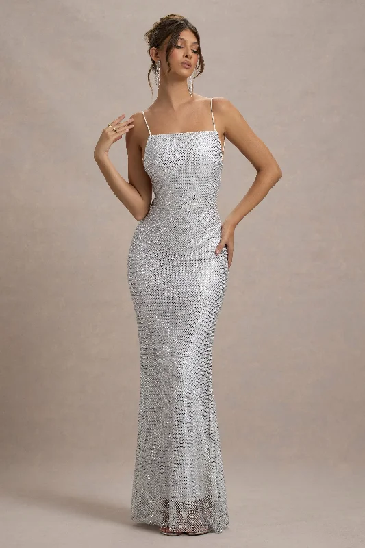 Quartz | Silver Embellished Square-Neck Open-Back Maxi Dress Fashionable Open-Back Maxi Dress