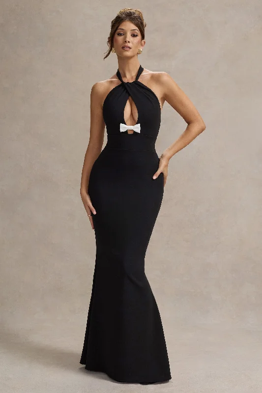 Raelynn | Black Halter-Neck Cut-Out Maxi Dress With Bow Elegant Maxi Dress with Slit