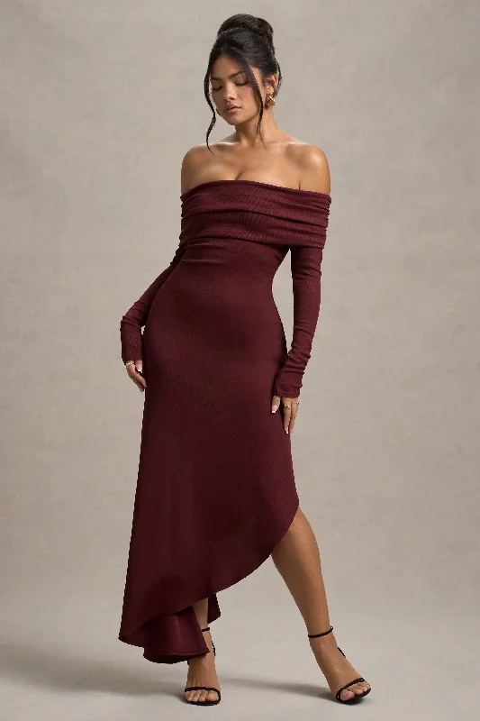 Romina | Port Rib Knit Bardot Maxi Dress With Asymmetric Hem Comfortable Long-Sleeve Maxi Dress