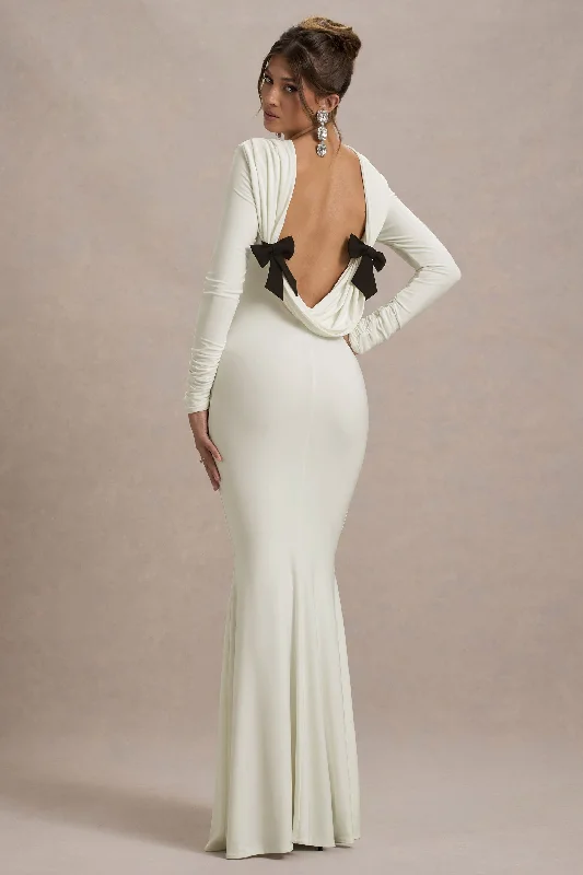 Rosalee | Cream Long-Sleeve Cowl-Back Fishtail Maxi Dress With Bows Cozy Spaghetti Strap Maxi Dress