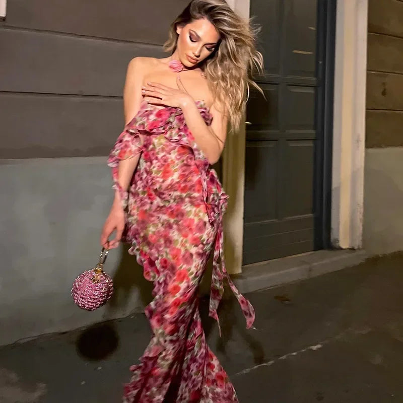 Ruffle Backless Floral Print See Through Grunge Summer Maxi Dress Cozy Maxi Dress with Slit Ruffle Backless Floral Print See Through Grunge Summer Maxi Dress Cozy Maxi Dress with Slit