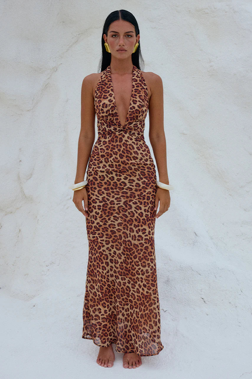 Runaway The Label Tenaya Maxi Dress in Leopard Print Comfortable Flowy Maxi Dress