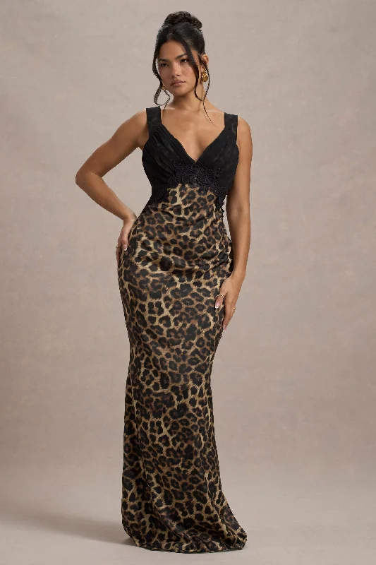 Sahara | Leopard Print Satin V-Neck Maxi Dress With Black Lace Trim Fashionable Layered Maxi Dress