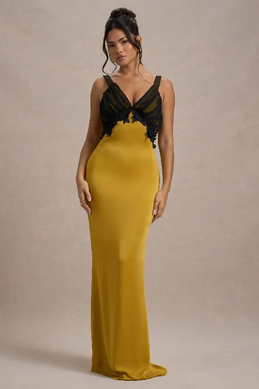 Sahara | Mustard Satin V-Neck Maxi Dress With Black Lace Trim Stylish Pleated A-Line Maxi Dress