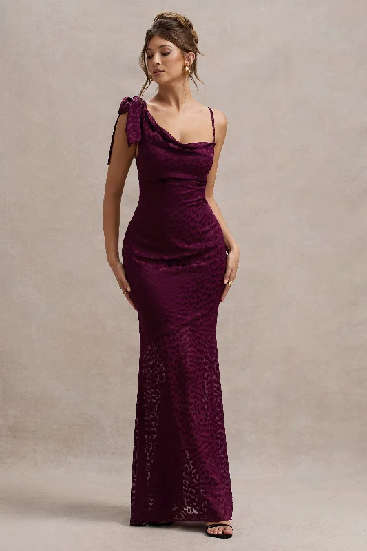 Sangria | Burgundy Satin Jacquard Cowl-Neck Maxi Dress Stylish Longline Maxi Dress