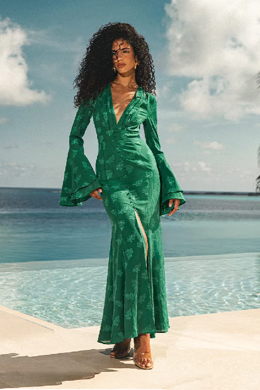 SAREY MAXI DRESS - EMERALD Stylish Pleated A-Line Maxi Dress