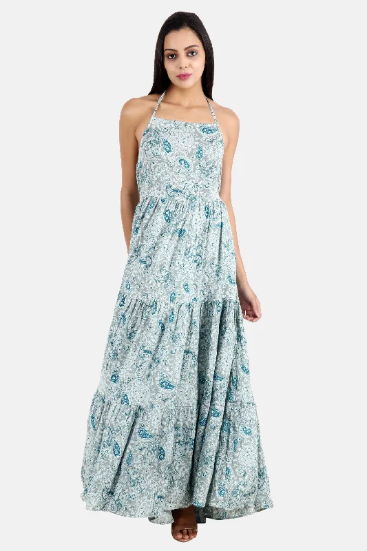 Sea Green Paisley Printed Maxi Dress Fashionable Open-Back Maxi Dress