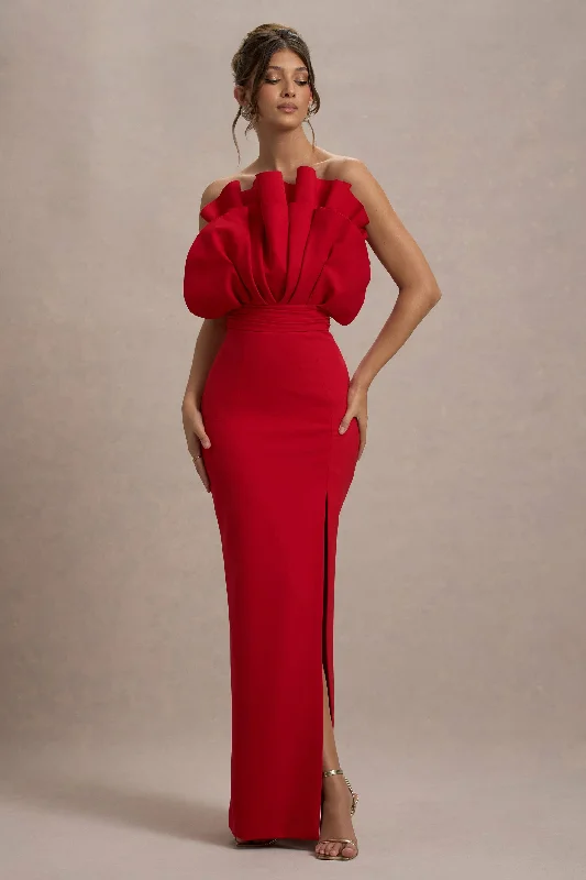 Set The Bar | Red Ruffled Strapless Split Maxi Dress Comfortable Maxi Dress with Slits