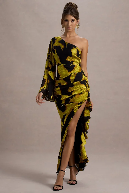 Sevilla | Mustard Print Satin Jacquard One Sleeve Ruffled Split Maxi Dress Trendy Floral Print Maxi Dress