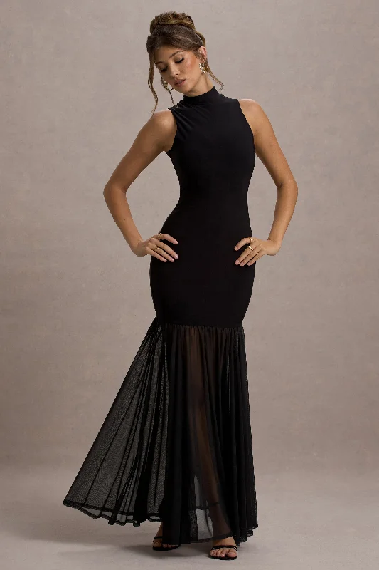 Shae | Black High-Neck Maxi Dress With Sheer Skirt Classic V-Neck Maxi Dress