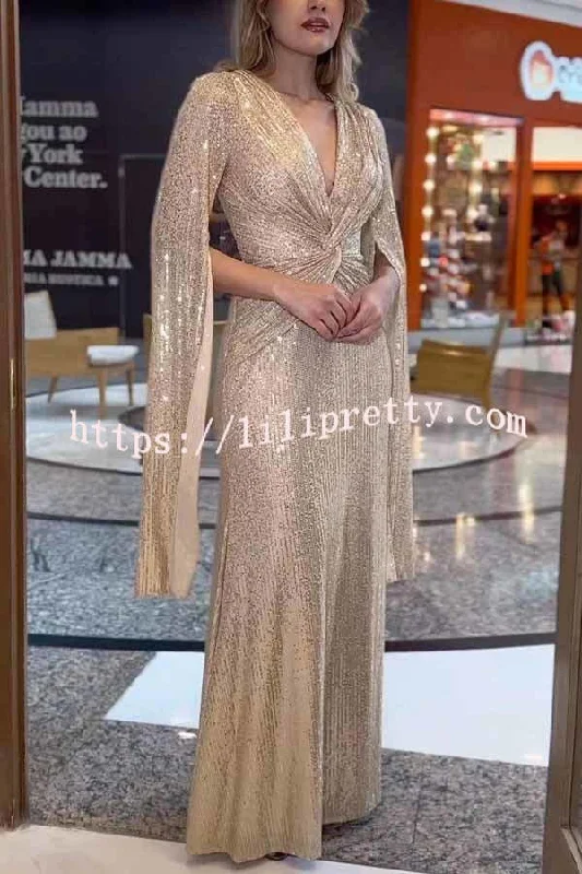 Lilipretty Shine Brighter Sequin Cape Sleeve Cross Waist Evening Maxi Dress Classic A-Line Maxi Dress