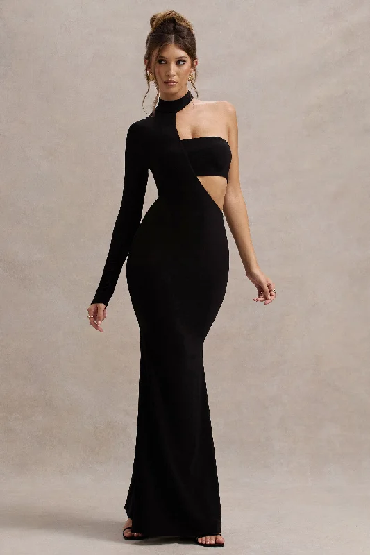 Socialite | Black One-Sleeve Cut-Out Maxi Dress Comfortable Long-Sleeve Maxi Dress