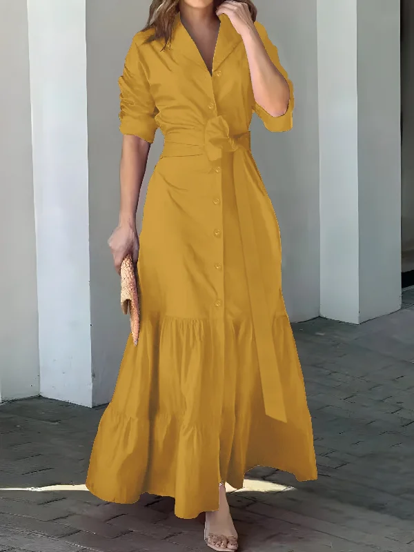 Solid Button Front Belted Dress, Elegant Ruched Sleeve Ruffle Trim Maxi Dress, Women's Clothing For Elegant Dressing Chic Boho Print Maxi Dress Solid Button Front Belted Dress, Elegant Ruched Sleeve Ruffle Trim Maxi Dress, Women's Clothing For Elegant Dressing Chic Boho Print Maxi Dress