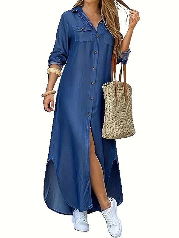 Solid Button Front Shirt Dress, Casual Long Sleeve Maxi Dress, Women's Clothing Chic Summer Floral Maxi Dress Solid Button Front Shirt Dress, Casual Long Sleeve Maxi Dress, Women's Clothing Chic Summer Floral Maxi Dress
