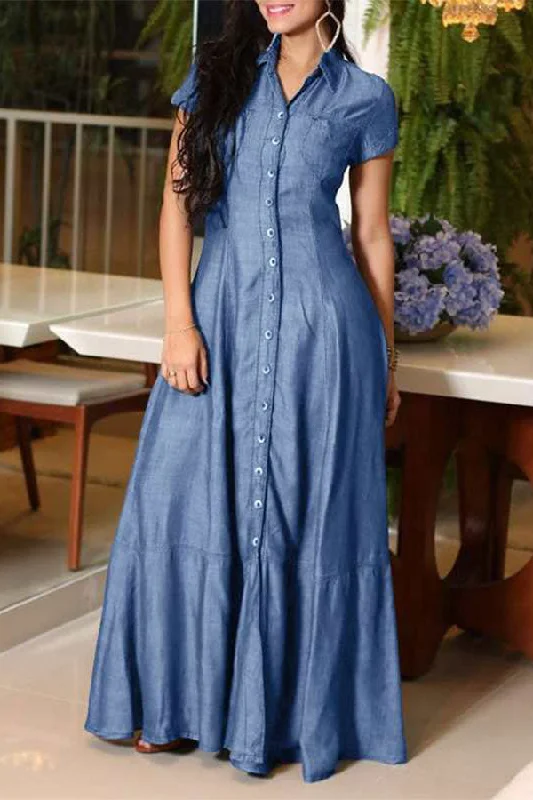 Solid Color On-trend Single Breasted Denim Maxi Dress Stylish Boho Maxi Dress