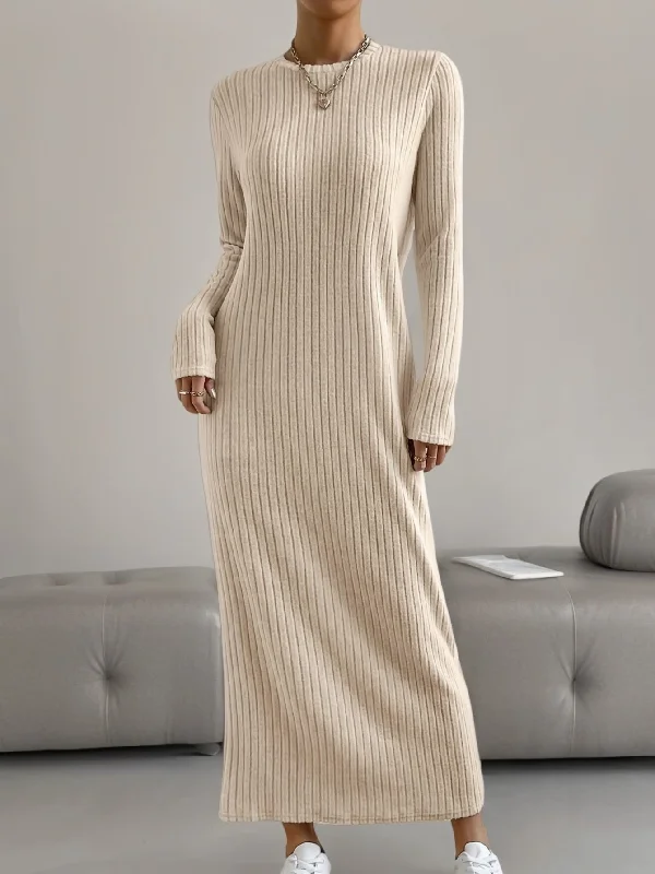 Solid Ribbed Knit Maxi Dress, Casual Crew Neck Long Sleeve Straight Maxi Dress For Fall & Winter, Women's Clothing Stylish Pleated A-Line Maxi Dress Solid Ribbed Knit Maxi Dress, Casual Crew Neck Long Sleeve Straight Maxi Dress For Fall & Winter, Women's Clothing Stylish Pleated A-Line Maxi Dress