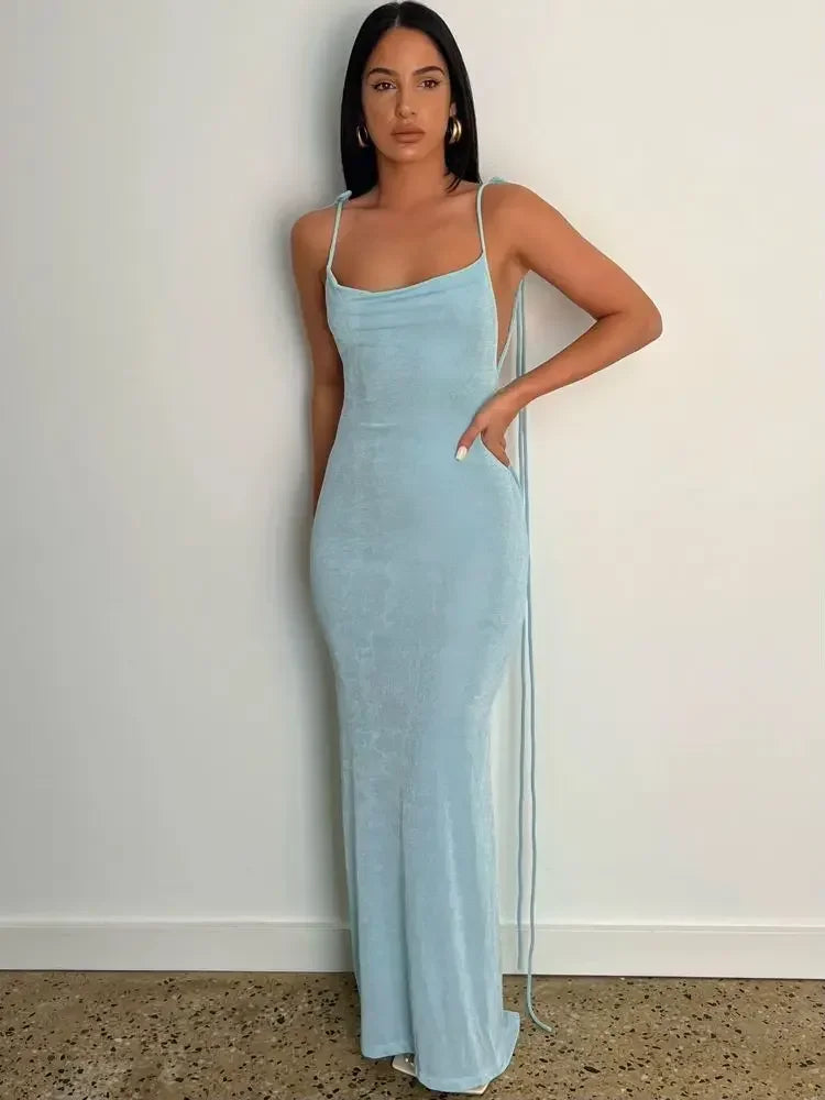 Spaghetti Strap Backless Bandage Maxi Dress Elegant Velvet Maxi Dress