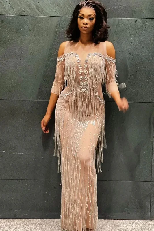 Sparkly Cold Shoulder Sheer Maxi Rhinestone Fringe Split Evening Maxi Dress - Silver Trendy Ruffled Maxi Dress Sparkly Cold Shoulder Sheer Maxi Rhinestone Fringe Split Evening Maxi Dress - Silver Trendy Ruffled Maxi Dress