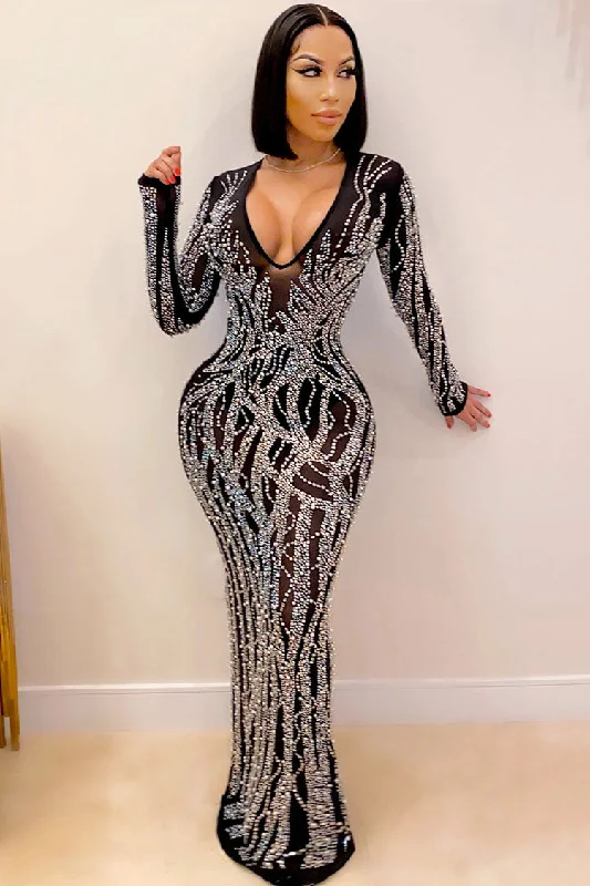Sparkly Rhinestone Deep V Long Sleeve Sheer Mesh Evening Maxi Dress - Black Cozy Ribbed Maxi Dress Sparkly Rhinestone Deep V Long Sleeve Sheer Mesh Evening Maxi Dress - Black Cozy Ribbed Maxi Dress