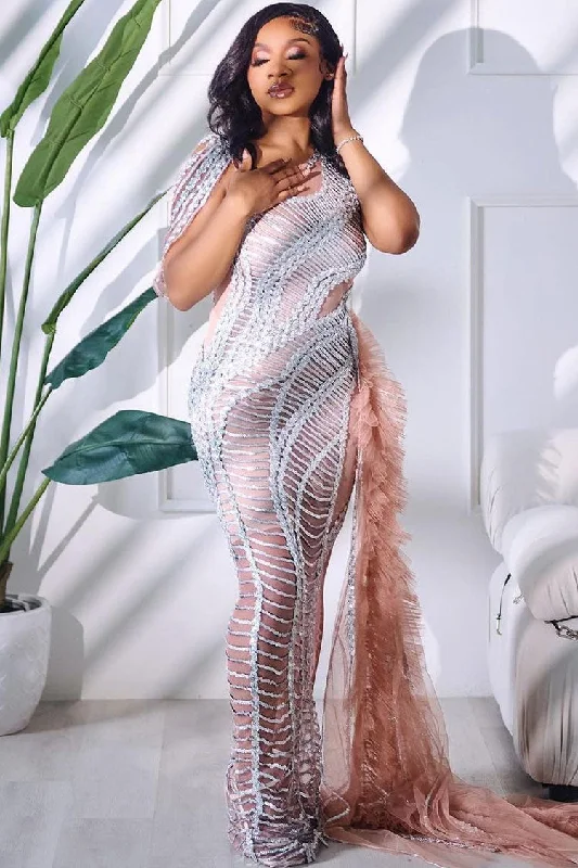 Sparkly Semi Sheer Tulle Ruffle Train Sequin Fishtail Evening Maxi Dress - Silver Elegant Boho Maxi Dress Sparkly Semi Sheer Tulle Ruffle Train Sequin Fishtail Evening Maxi Dress - Silver Elegant Boho Maxi Dress