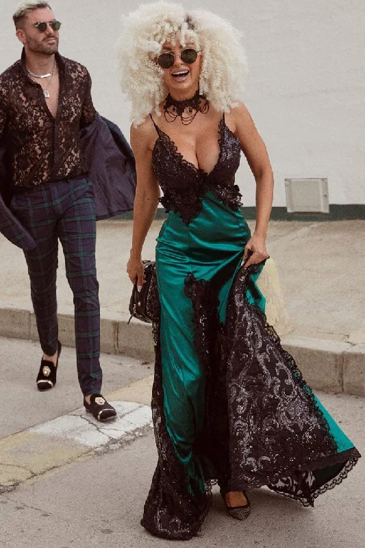 Sparkly Sequin Lace Trim Deep V Split Sleeveless Evening Maxi Dress - Emerald Green Stylish Off-Shoulder Maxi Dress Sparkly Sequin Lace Trim Deep V Split Sleeveless Evening Maxi Dress - Emerald Green Stylish Off-Shoulder Maxi Dress