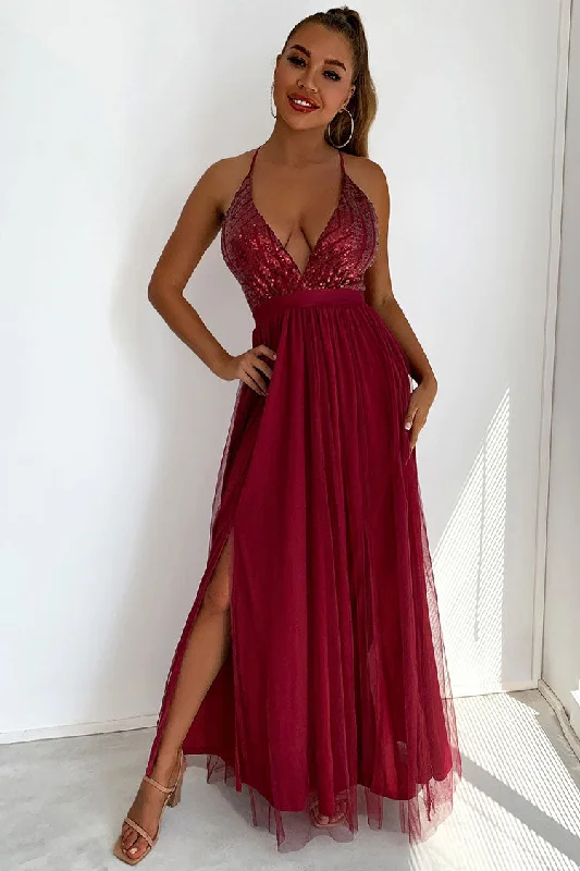Sparkly Sequined Deep V High Split Backless Evening Maxi Dress - Burgundy Elegant Lace Maxi Dress Sparkly Sequined Deep V High Split Backless Evening Maxi Dress - Burgundy Elegant Lace Maxi Dress