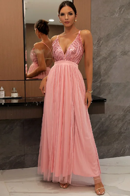 Sparkly Sequined Deep V High Split Backless Evening Maxi Dress - Pink Comfortable Fit-and-Flare Maxi Dress Sparkly Sequined Deep V High Split Backless Evening Maxi Dress - Pink Comfortable Fit-and-Flare Maxi Dress