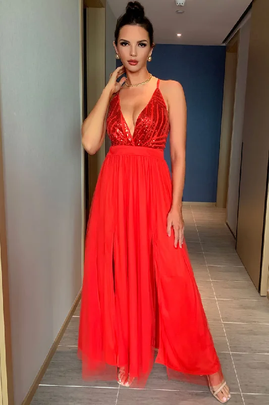 Sparkly Sequined Deep V High Split Backless Evening Maxi Dress - Red Fashionable High-Waist Maxi Dress Sparkly Sequined Deep V High Split Backless Evening Maxi Dress - Red Fashionable High-Waist Maxi Dress