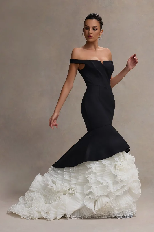 The Greatest | Black & Cream Bardot Maxi Dress With Tulle Skirt Trendy A-Line Maxi Dress