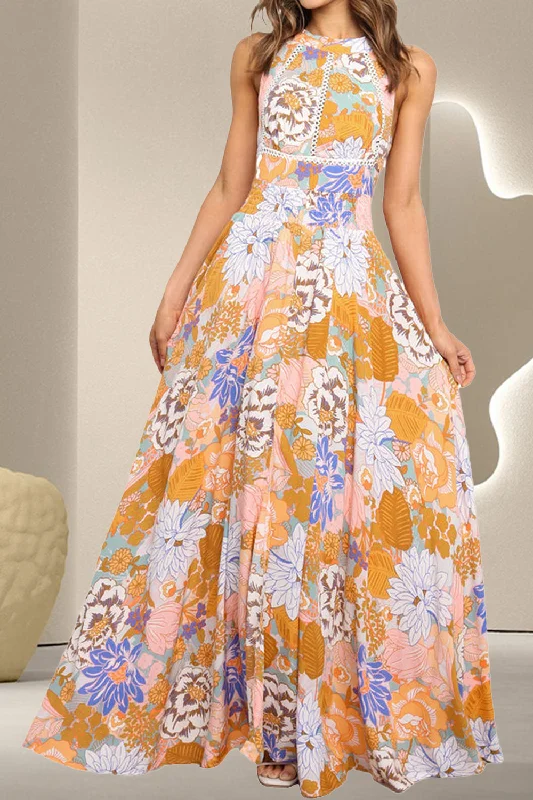 Tied Printed Grecian Sleeveless Maxi Dress Elegant Silk Maxi Dress