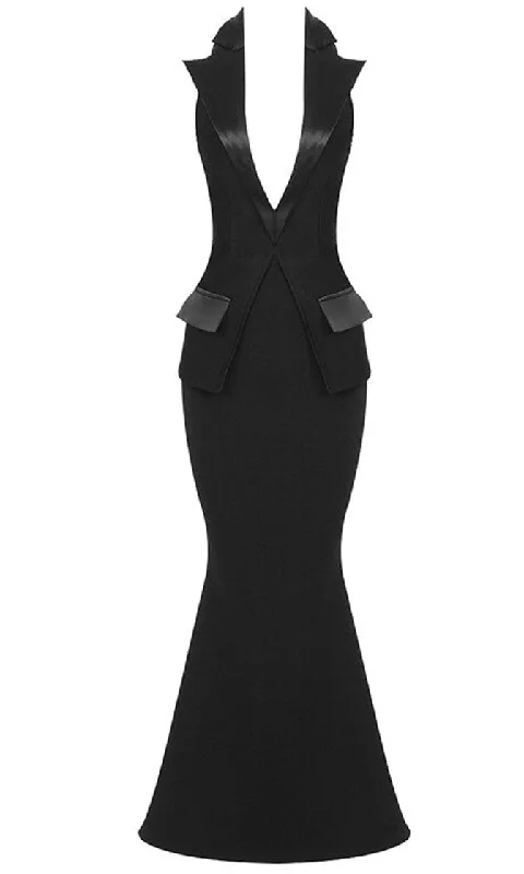 Tip The Scales <br><span>Black Sleeveless Plunge V Neck Backless Halter Satin Lapel Tuxedo Mermaid Maxi Dress</span> Fashionable Faux Wrap Maxi Dress