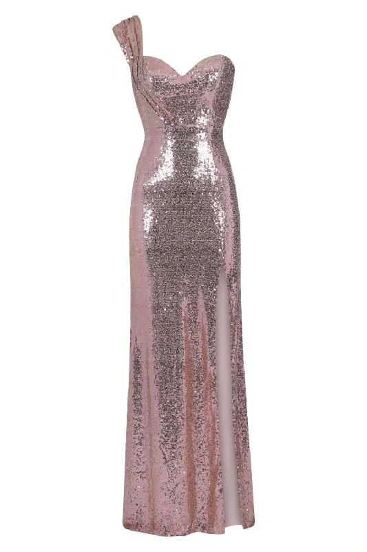 Twisted Love Rose Gold Sweetheart Sequin Slit Fishtail Maxi Dress Stylish Button-Up Maxi Dress