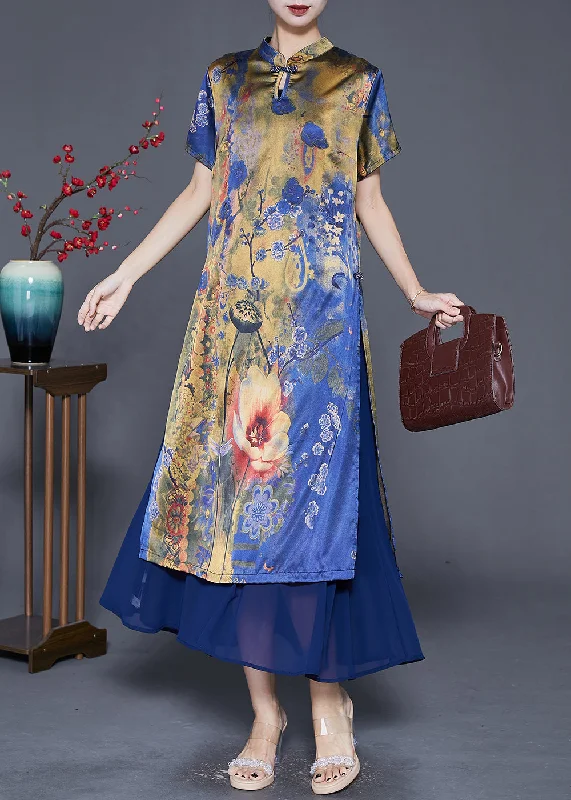 Vintage Blue Print Patchwork Silk Maxi Dresses Summer Fashionable Sheer Maxi Dress