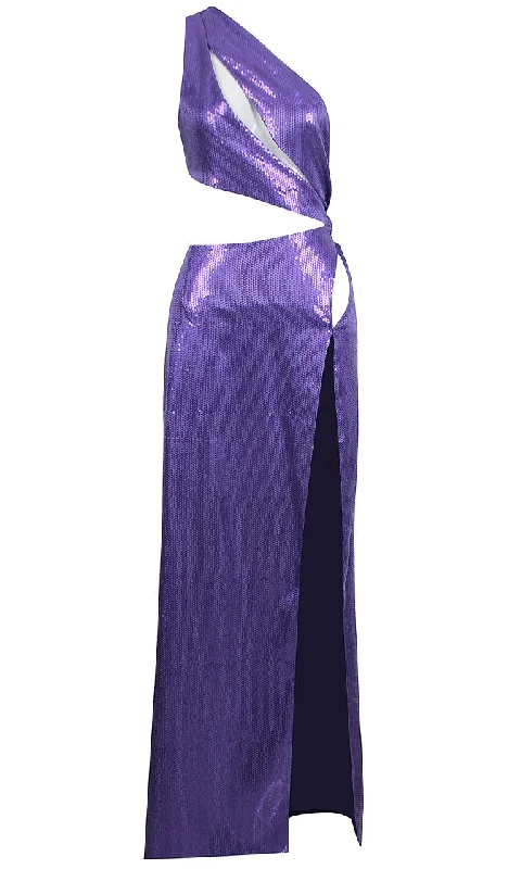 Violet Obsession<span><br> Purple Sequin Sleeveless One Shoulder Cut Out Bust Open Side High Slit Maxi Dress</span> Stylish Pleated A-Line Maxi Dress