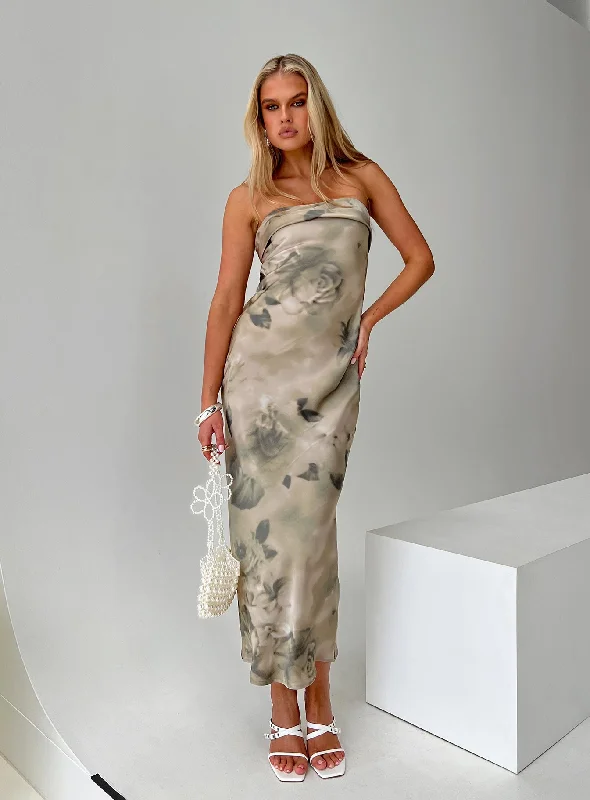 Voices Strapless Maxi Dress Cream Floral Fashionable Open-Back Maxi Dress