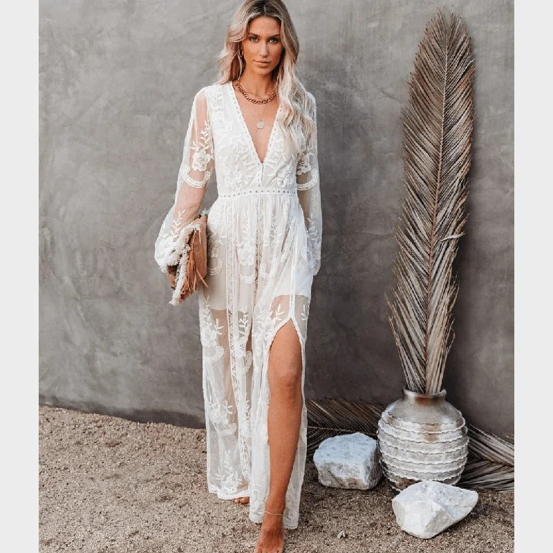 White Boho Lace Maxi Dress Classic Strapless Maxi Dress