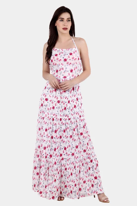 White Floral Printed Maxi Dress Cozy Maxi Dress with Slit