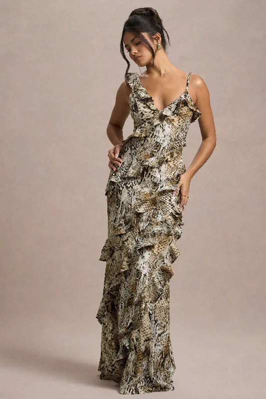 Wispy | Snake Print Plunge-Neck Ruffled Maxi Dress Trendy Button Front Maxi Dress