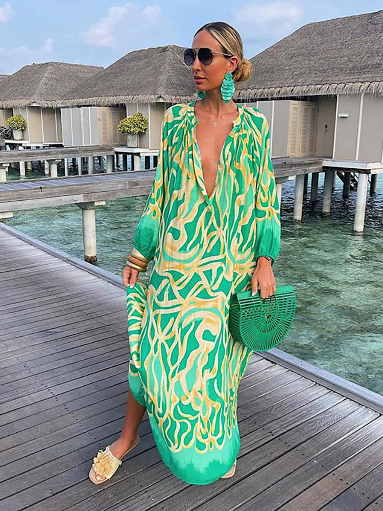 Women Boho Print Long Sleeve Maxi Dress Comfortable Maxi Dress with Belt