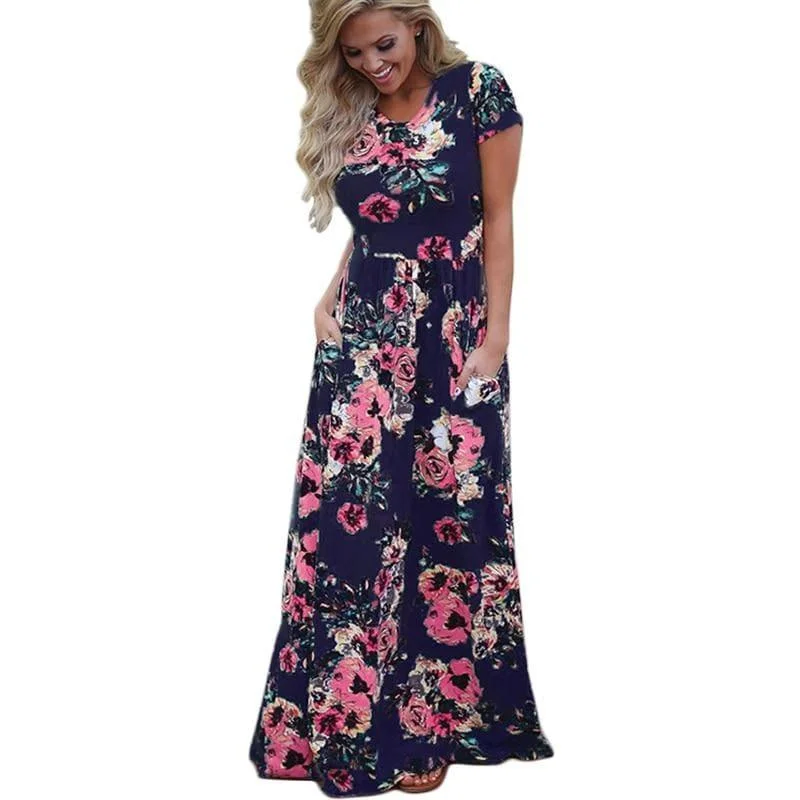 Women Floral Print Long Maxi Dress Cozy Knitted Maxi Dress