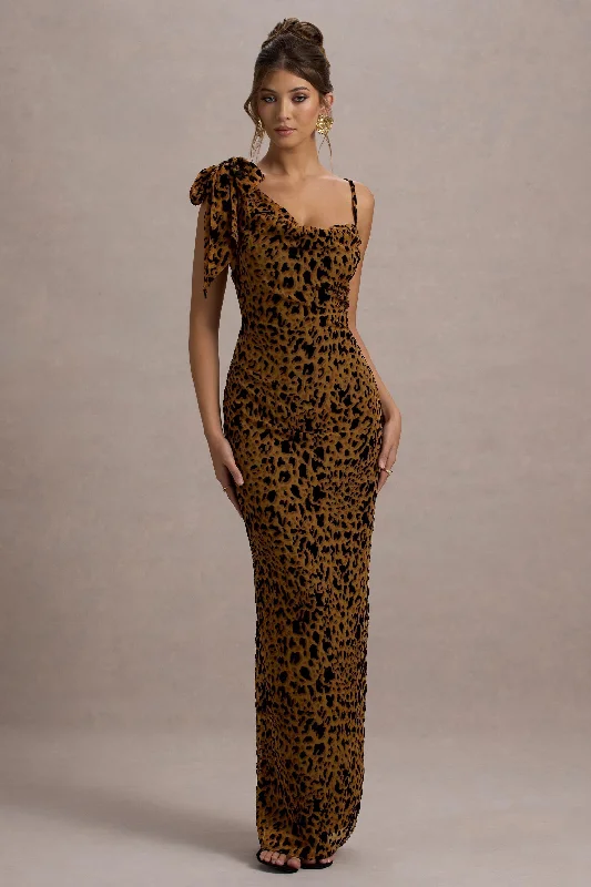 Yasmin | Leopard Print Velvet Strappy Maxi Dress With Bow Comfortable Flowy Maxi Dress