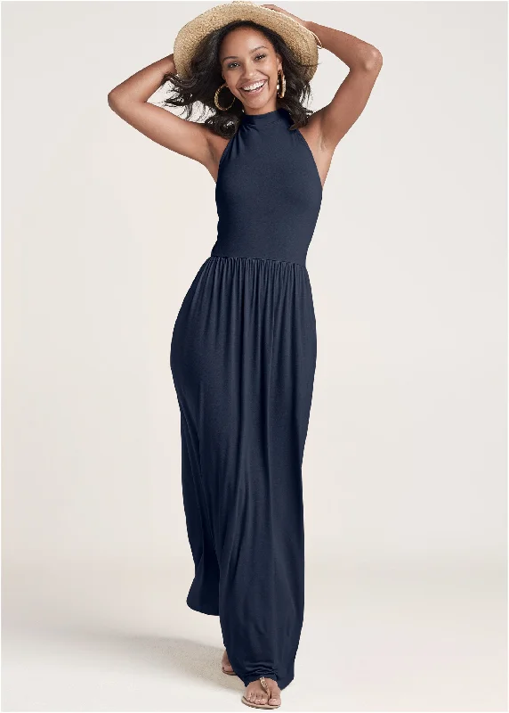 High Neck Maxi Dress - Navy Comfortable Fit-and-Flare Maxi Dress